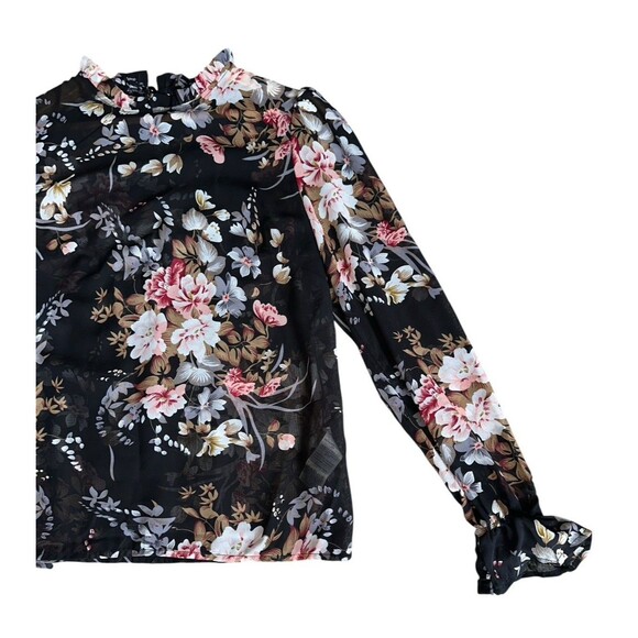 Womens Floral Sheer Blouse Black Long Sleeve Ruffle Neck Romantic Top Small - Picture 11 of 16